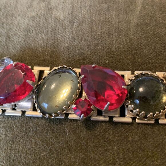 VTG Ruby Red & Smoky Gray Glass Cabochon Link Bracelet Gold Tone Art Deco Style - Picture 10 of 15